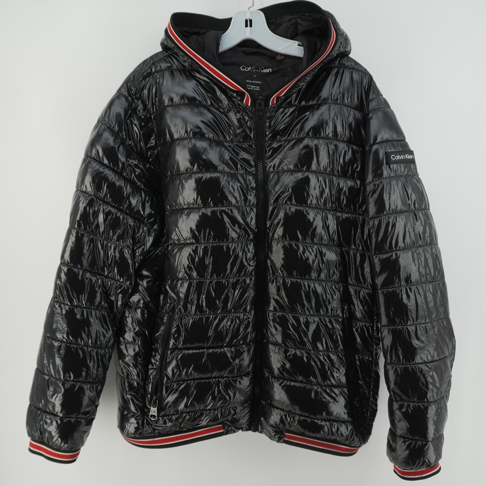 Calvin Klein Puffer Jacket Mens Large Black Shiny Hooded Water Resistant